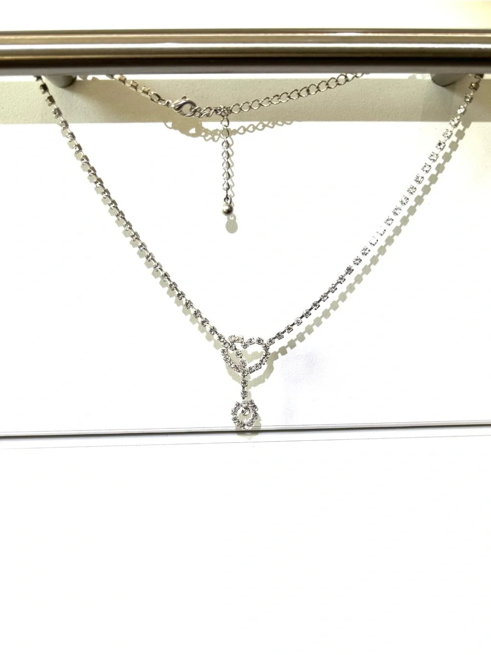 Silver Crystal Heart Drop Necklace - Sparkling Silver Tone